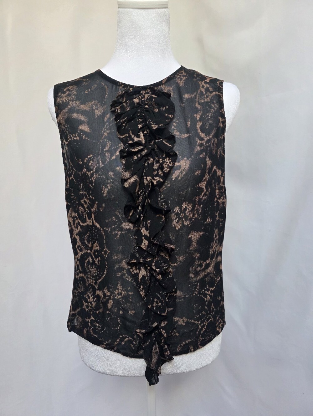 Vintage Louben Sheer Black Bronze Burnout Ruffle Blouse Top Size 8